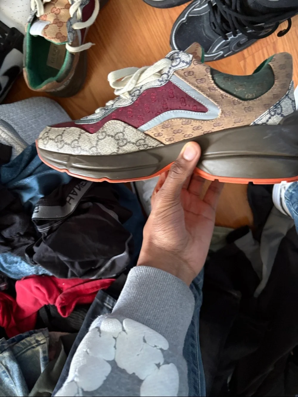 Gucci Chunky GG Sneaker in Beige, Burgundy, Gray and Orange Trim - Picture 3 of 5